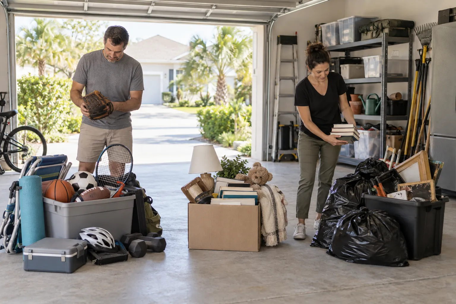 Homeowners sorting sports equipment, books, and household items into separate garage piles